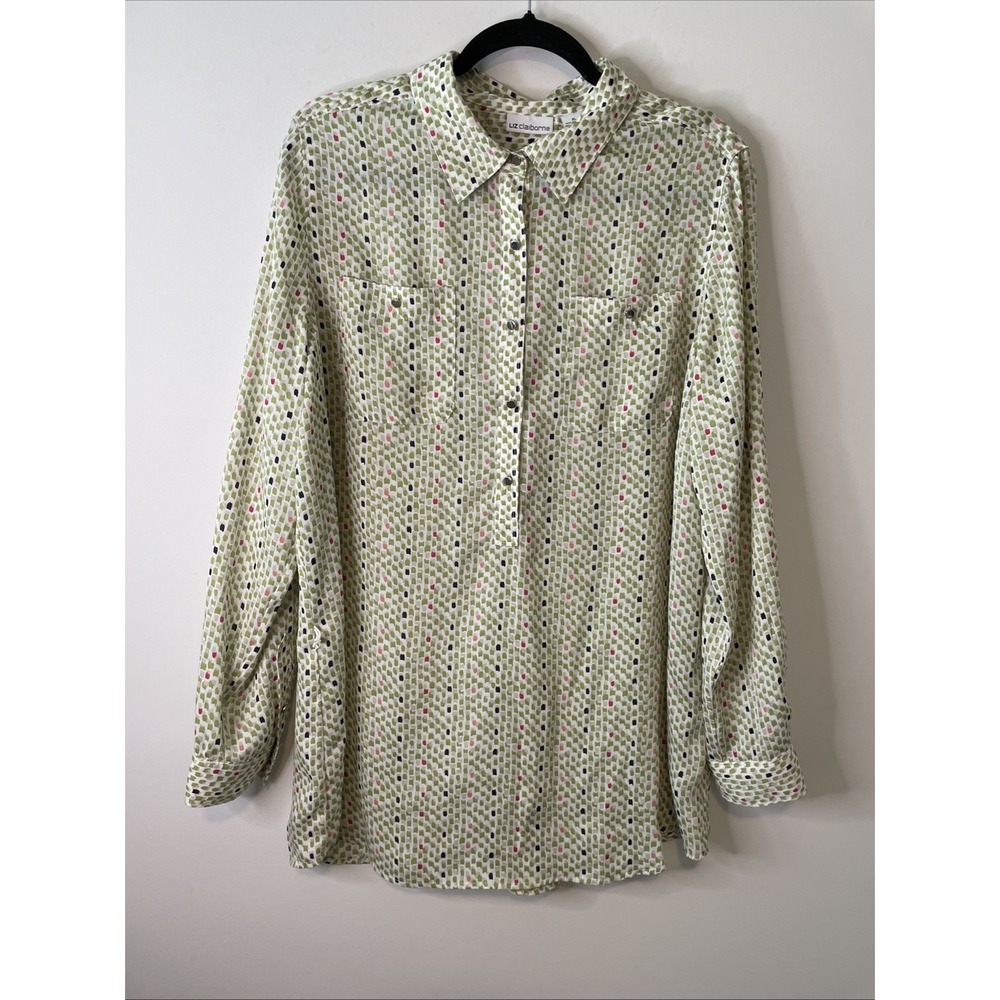 Liz‎ Claiborne Women's XL Green Multicolor Print Button Front Tunic Blouse